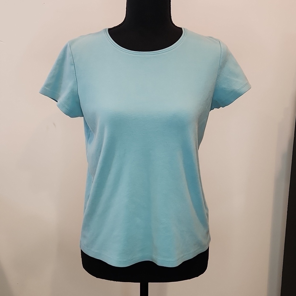 Eileen Fisher 100% Cotton Short Sleeve Shirt Women's Sz Small Teal EUC NICE!